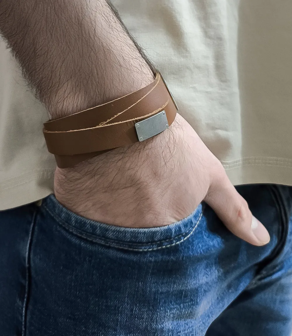 Δερμάτινη χειροπέδα, ανδρικό βραχιόλι από ανοξείδωτο ατσάλι, TRIBUTE, 0230377302